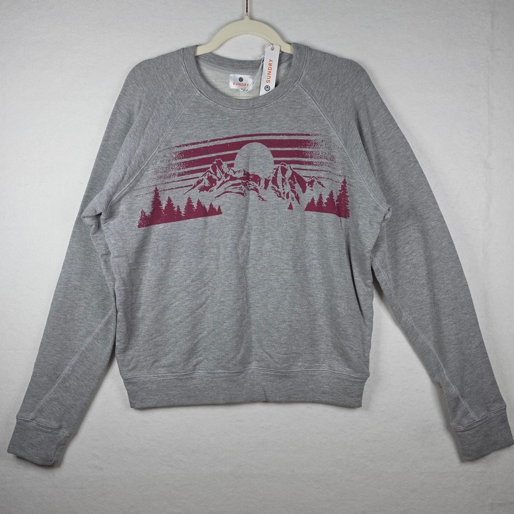 Sundry Mountain Print Raglan Sweatshirt Size 2 Gray Garment Dyed